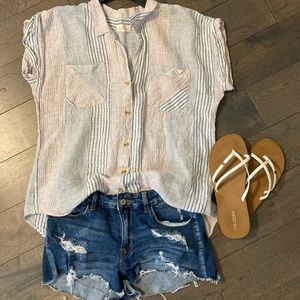 Red, white and blue striped boyfriend button up.